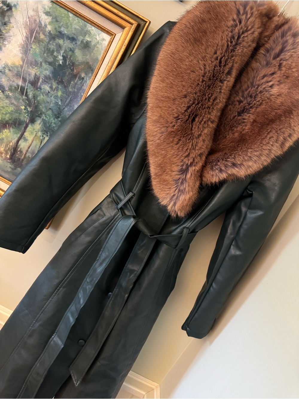 Akira Greenview Faux Fur-Trim Dark Green Leather Trench Coat Jacket XL